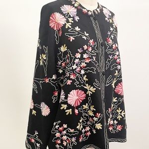 Boston Proper black embroidered jacket, long line jacket, colorful coat